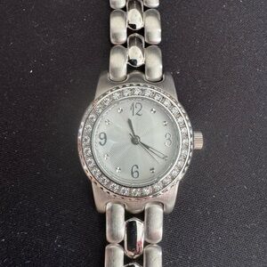 Comes & Goes Elegant Stainless Silver Watch with White Face & Crystal Accents